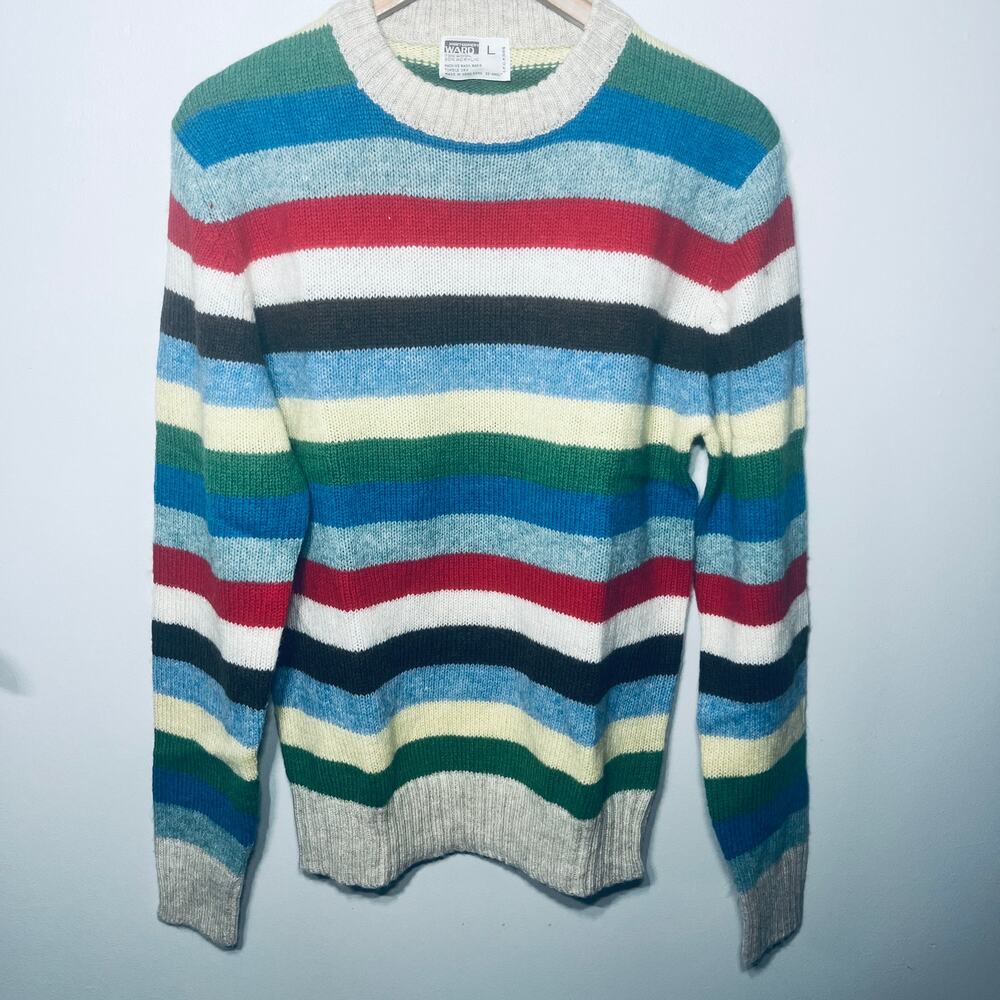VTG Montgomery Ward Sweater Multi Color Stripe Wool Acrylic Pullover Preppy L